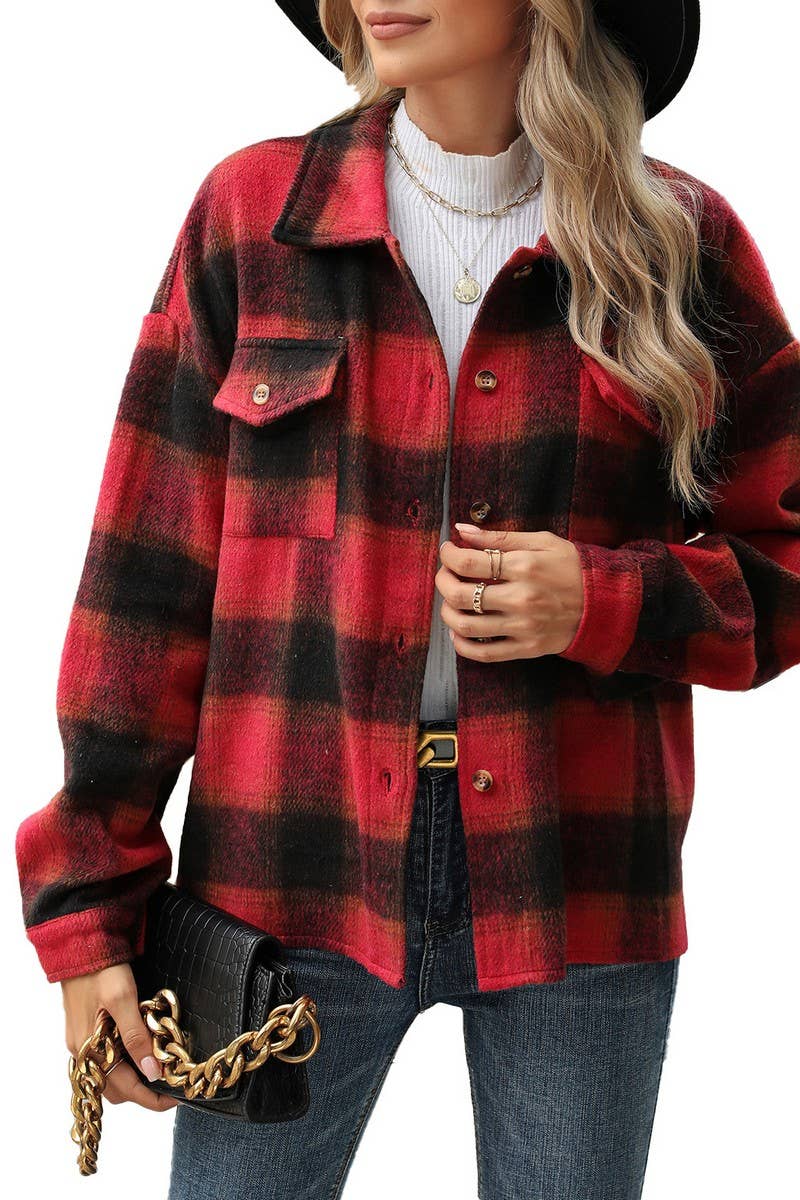 CWOCO0874_LONG SLEEVE LOOSE STRIPED PLAID CARDIGAN COAT