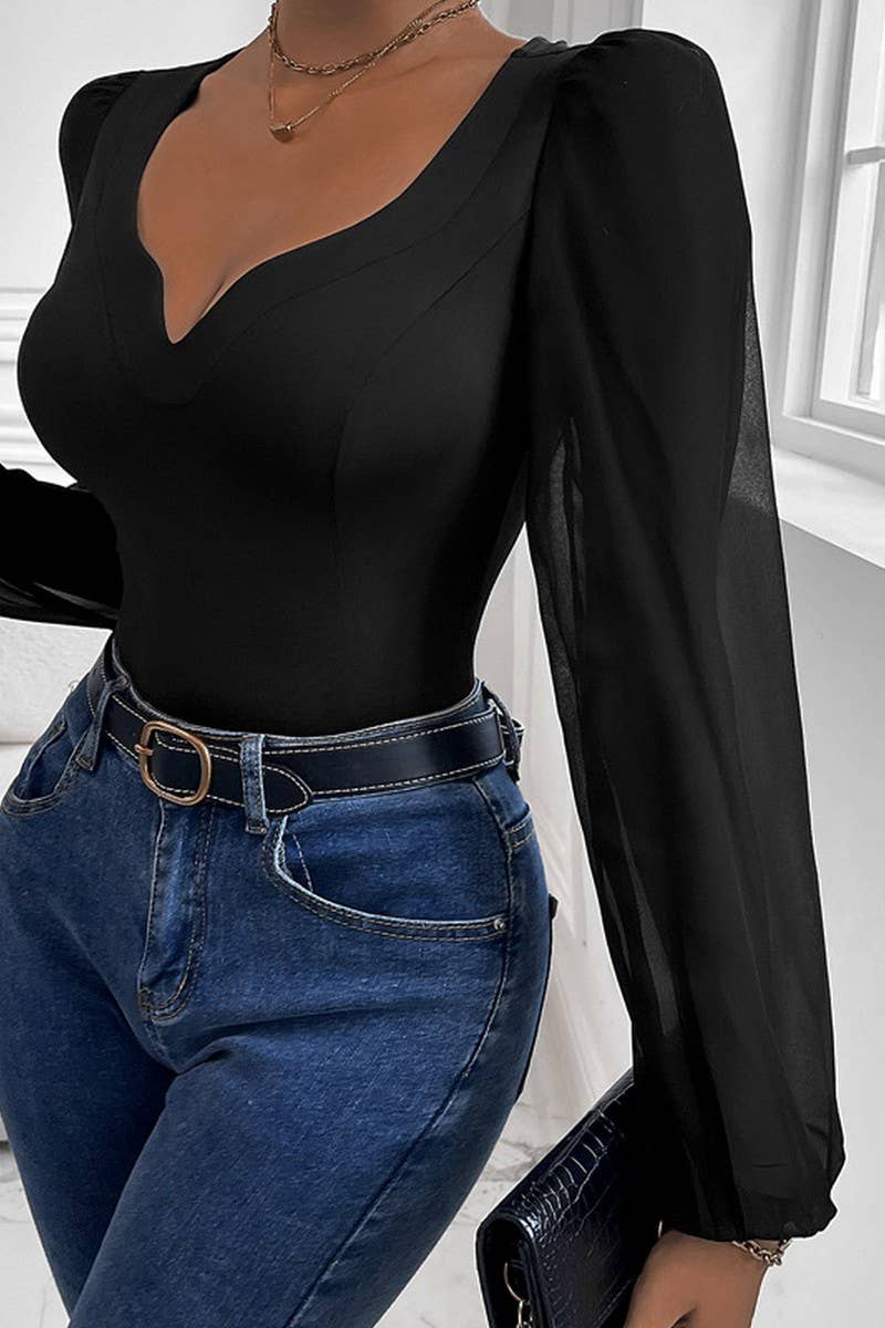 CWSBSL0113_TEMPERAMENT MESH SPLICING V-NECK JUMPSUIT