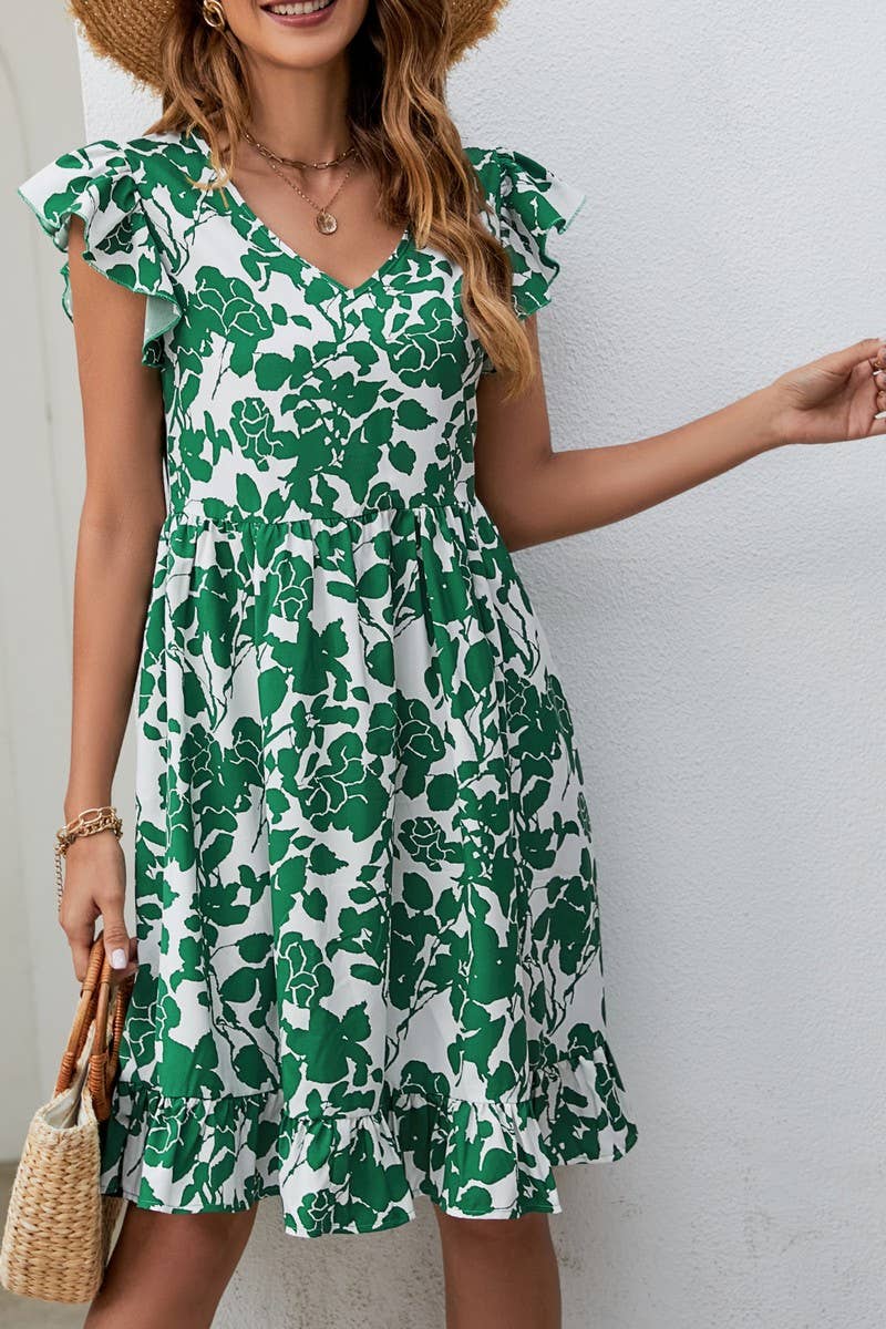 CWDSD2699_V-Neck Ruffle Sleeve Floral Print Dresses