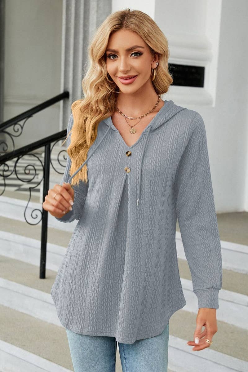 CWTBLL2794_FALL V-NECK HOODED LONG-SLEEVED KNIT TOP