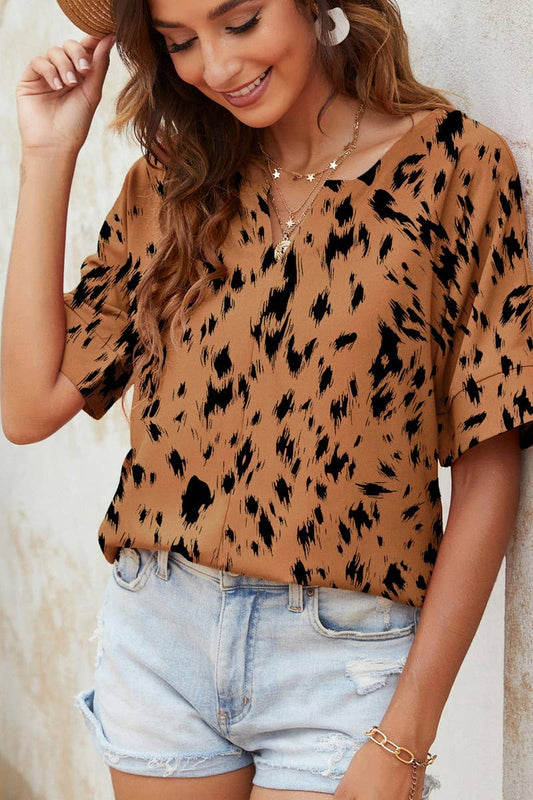 CWTBLS0346_V-Neck Short Sleeve Print Top