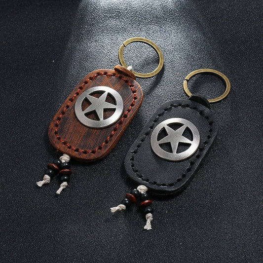 FIVE-POINTED STAR DOUBLE-LAYER COWHIDE KEYCHAIN