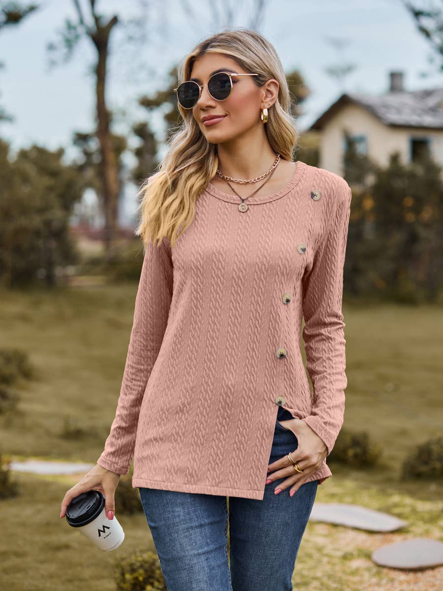 CREW-NECK BUTTONS DECORATED OPEN-SPLIT T-SHIRTS