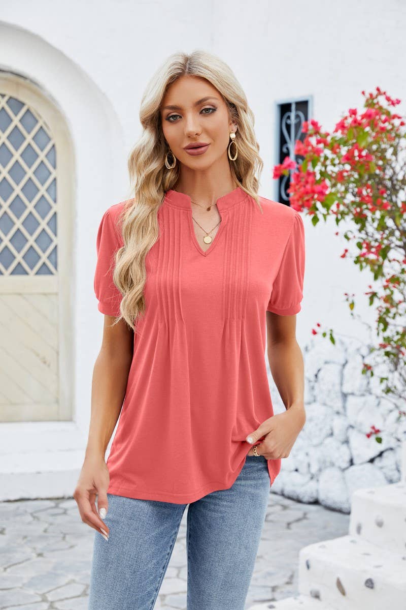CWTBLS0880_V-NECK RUFFLED STRETCH SHORT-SLEEVED T-SHIRT