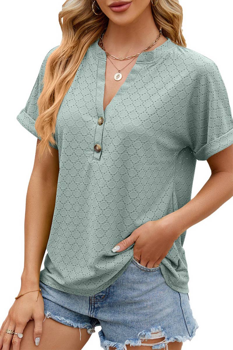 CWTTS1349_SUMMER NEW V-NECK BUTTON SHORT-SLEEVED T-SHIRT