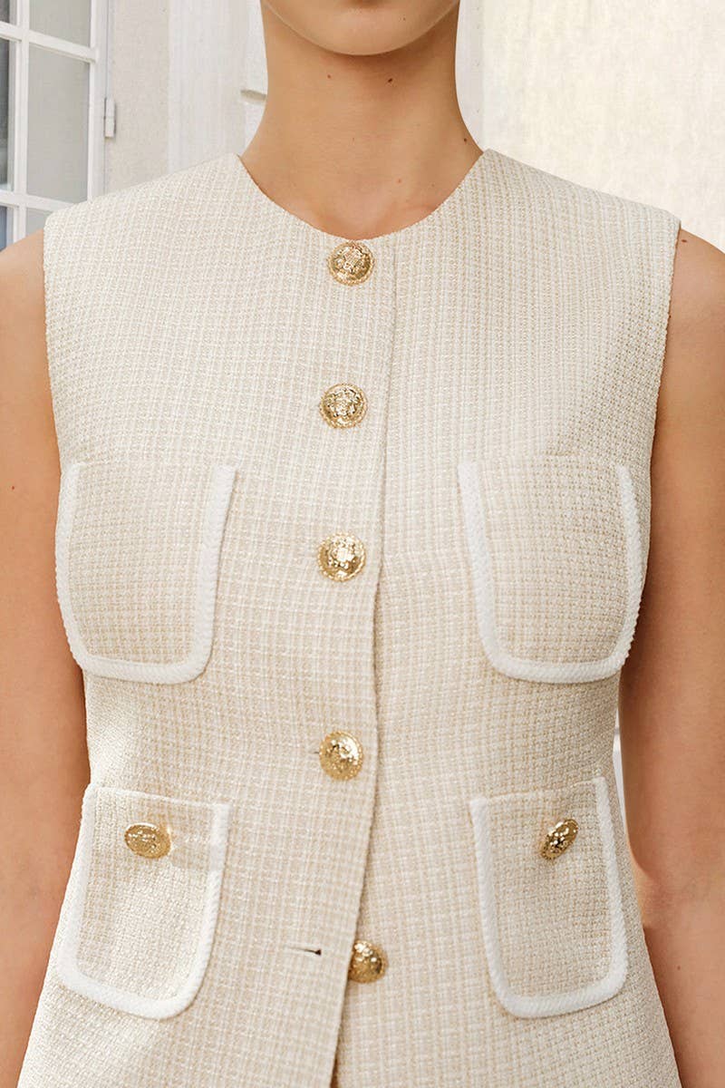 CWSTB2141_TWEED SLEEVELESS VEST & PLEATED SKIRT SET