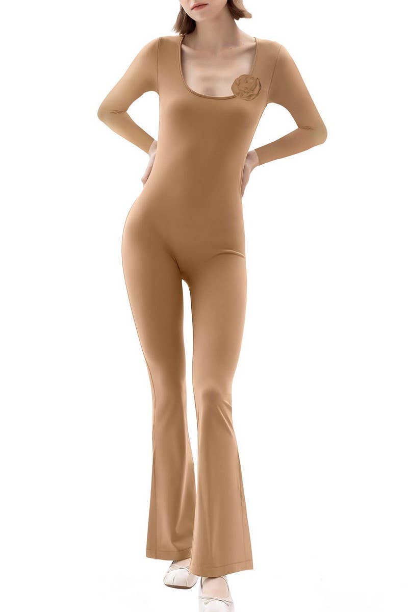 CWSJS1383_SQUARE NECK WIDE LEG HIGH ELASTIC JUMPSUIT