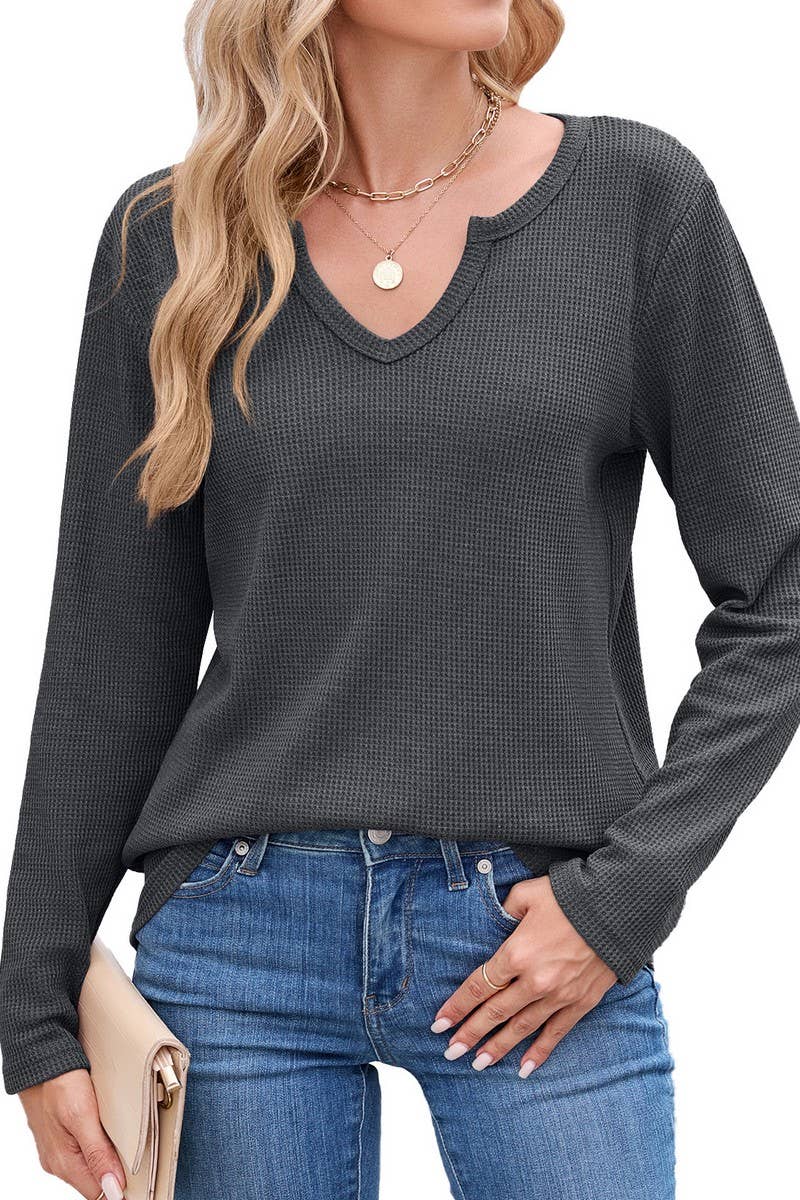 CWTBLL01294_V-NECK WAFFLE LONG-SLEEVED LOOSE T-SHIRT TOP