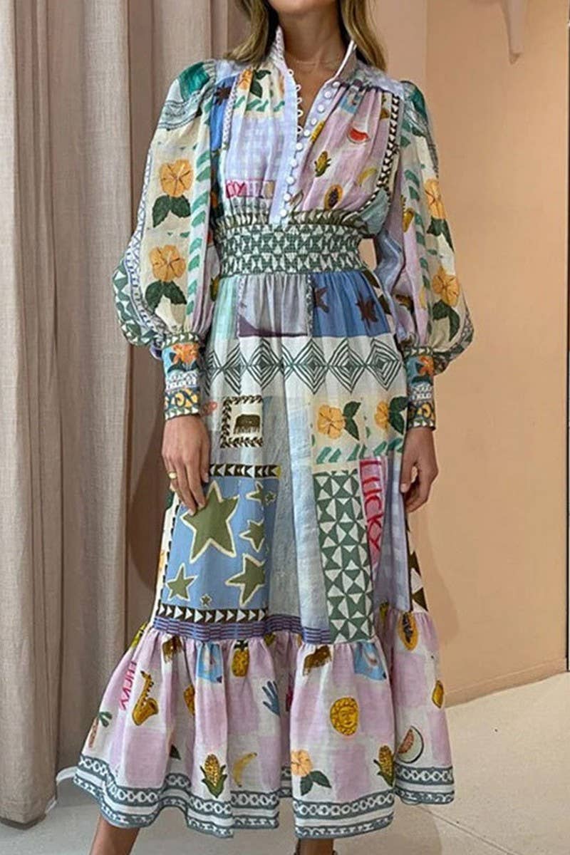 CWDMD5757_SPRING ELEGANT PAINTED FASHION LONG-SLEEVED DRESS