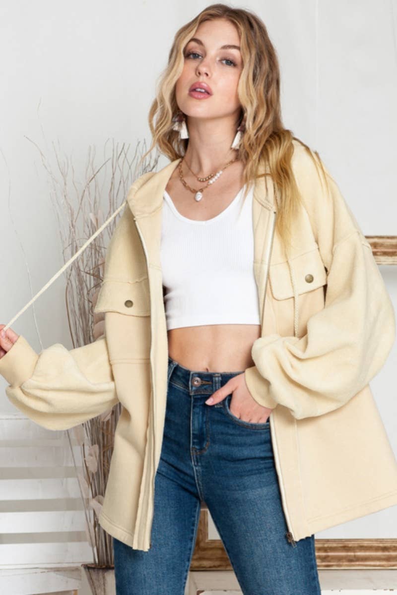 CWOCO1057_HOODED POCKET PLUSH LONG-SLEEVED COAT JACKET