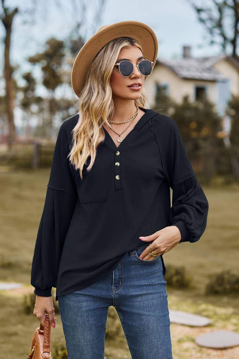 CWOHOL1095_NEW HOODED BUTTON LOOSE LONG-SLEEVED SWEATSHIRT