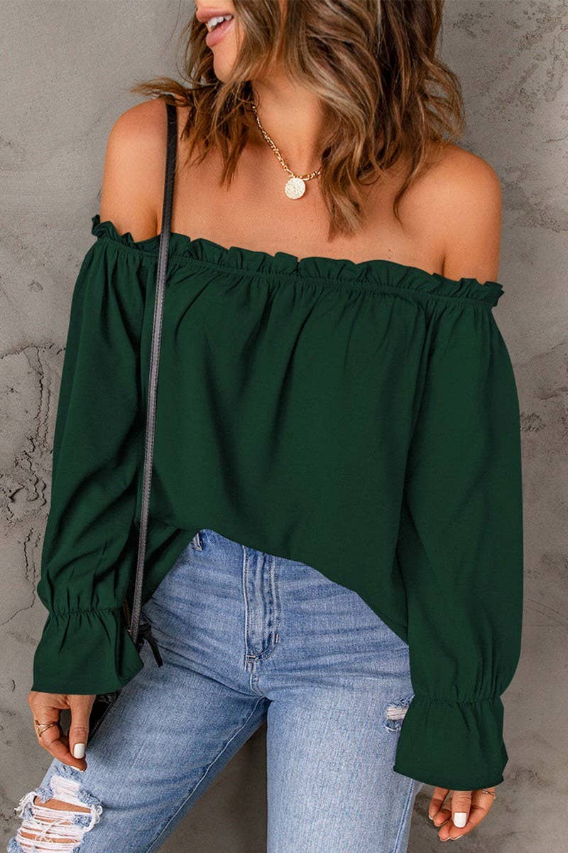 CWTBLL3753_SOLID COLOR PULLOVER OFF-SHOULDER CHIFFON SHIRT