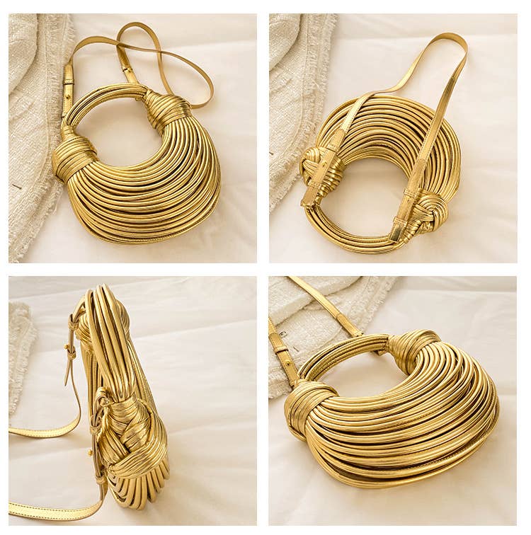 Metallic color striped appearance glossy handbag