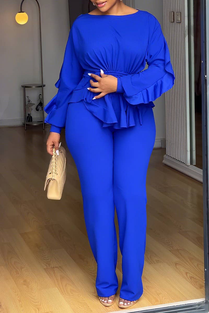 CWSTB00491_2025 ELEGANT RUFFLE DRAWSTRING TOP AND PANTS SET