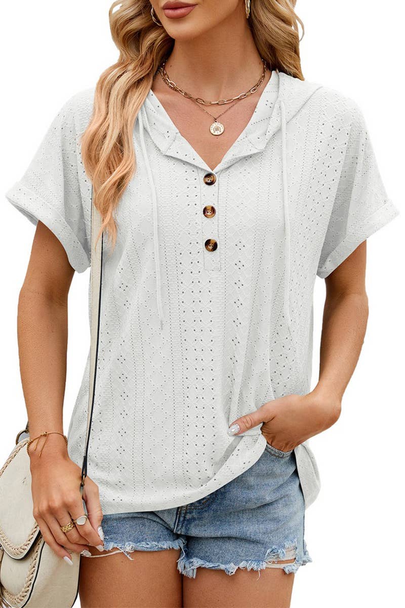 CWTTS1351_SUMMER BUTTON HOODED SHORT-SLEEVED T-SHIRT