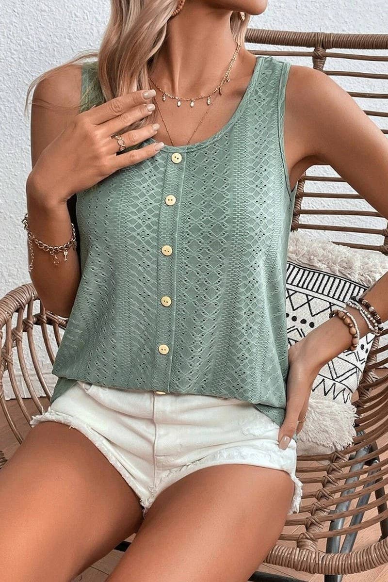 CWTBLSL0647_CASUAL ROUND NECK BUTTON LOOSE SLEEVELESS VEST