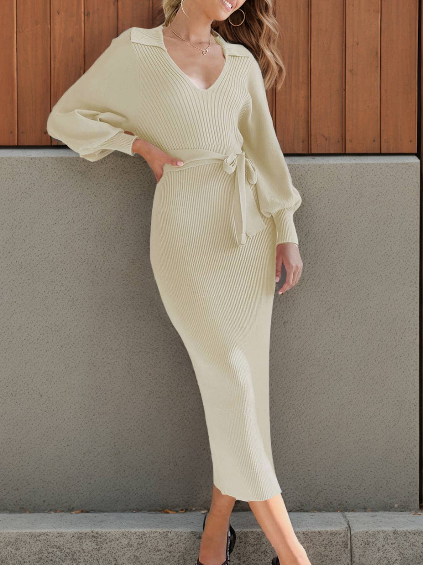 ELEGANT COMMUTER V-NECK LACE-UP HIGH WAIST DRESS