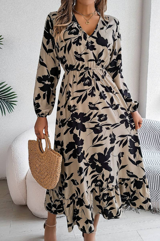 CWDMD3446_V-NECK PRINT LONG-SLEEVED DRESS WITH WAIST TUCKED