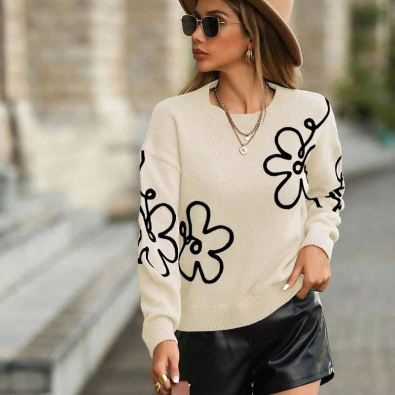 Flower-patterned round-neck knitted sweater