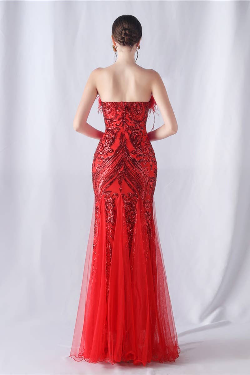 CWDMD3628_FURRY STRAPLESS SEQUIN EVENING DRESS LONG