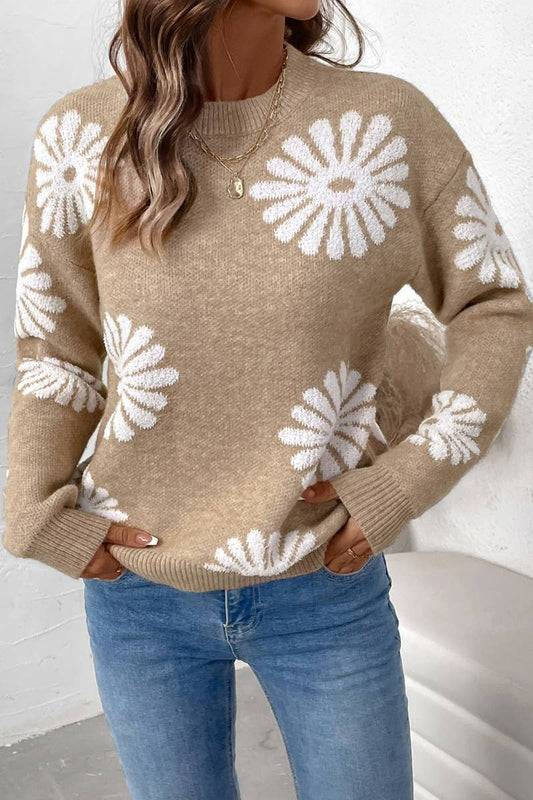 CWOSWL6574_CASUAL CREW-NECK FLORAL LONG-SLEEVED SWEATER