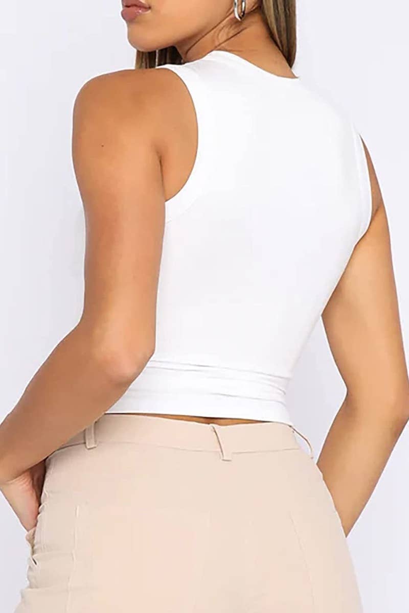 CWOV0235_SOLID COLOR CREW NECK SLEEVELESS SHORT TOP