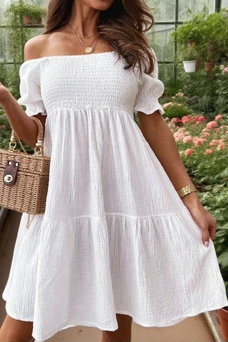 CWDSD8921_OFF-SHOULDER PLEATED SOLID COLOR DRESS