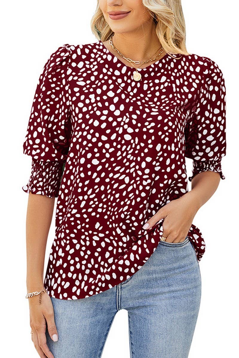 CWTBLS1600_ROUND NECK PRINTED SHORT-SLEEVED CHIFFON SHIRT