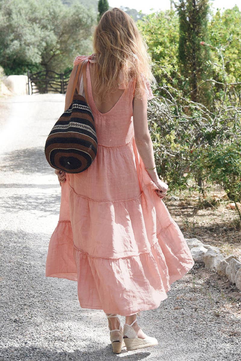 COTTON AND LINEN PATCHWORK LACE-UP DRESS