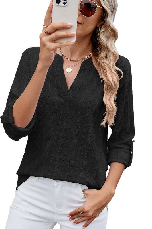 CWTTS1337_SUMMER V-NECK THREE-QUARTER SLEEVE BUTTON T-SHIRT