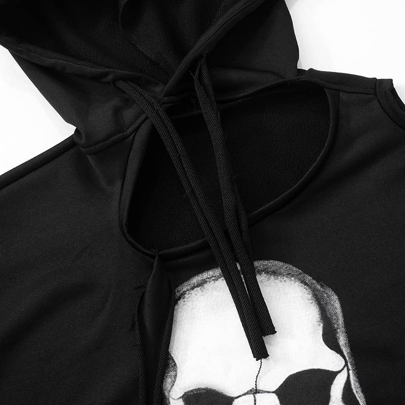 CONTRAST COLOR LOOSE CASUAL SKULL PRINT HOODIE
