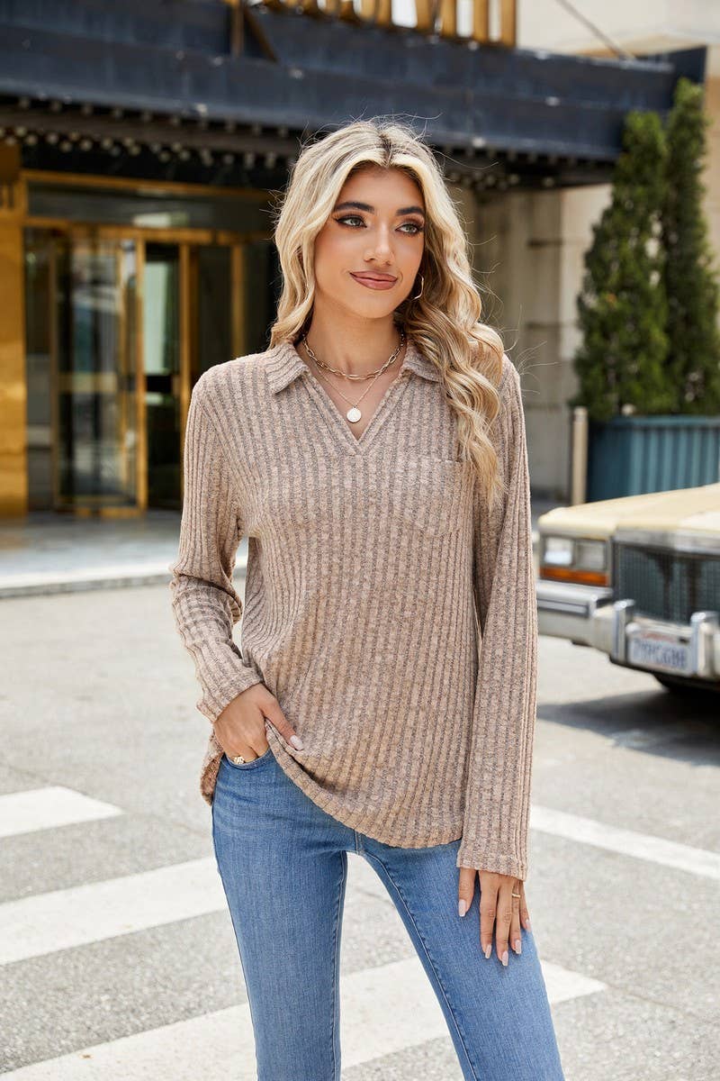 CWTBLL01314_RIBBED KNIT POLO LONG SLEEVE LOOSE TEE