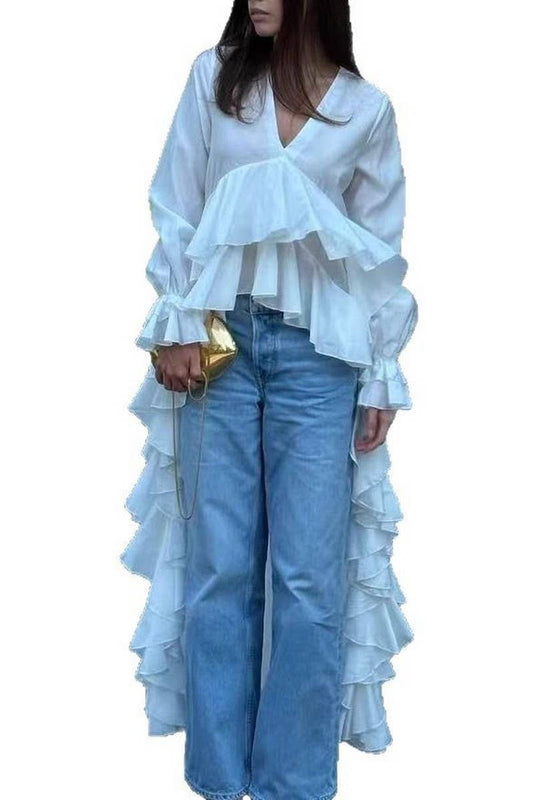 CWTSTL2877_V-NECK LONG SLEEVE ASYMMETRICAL HEM BLOUSE