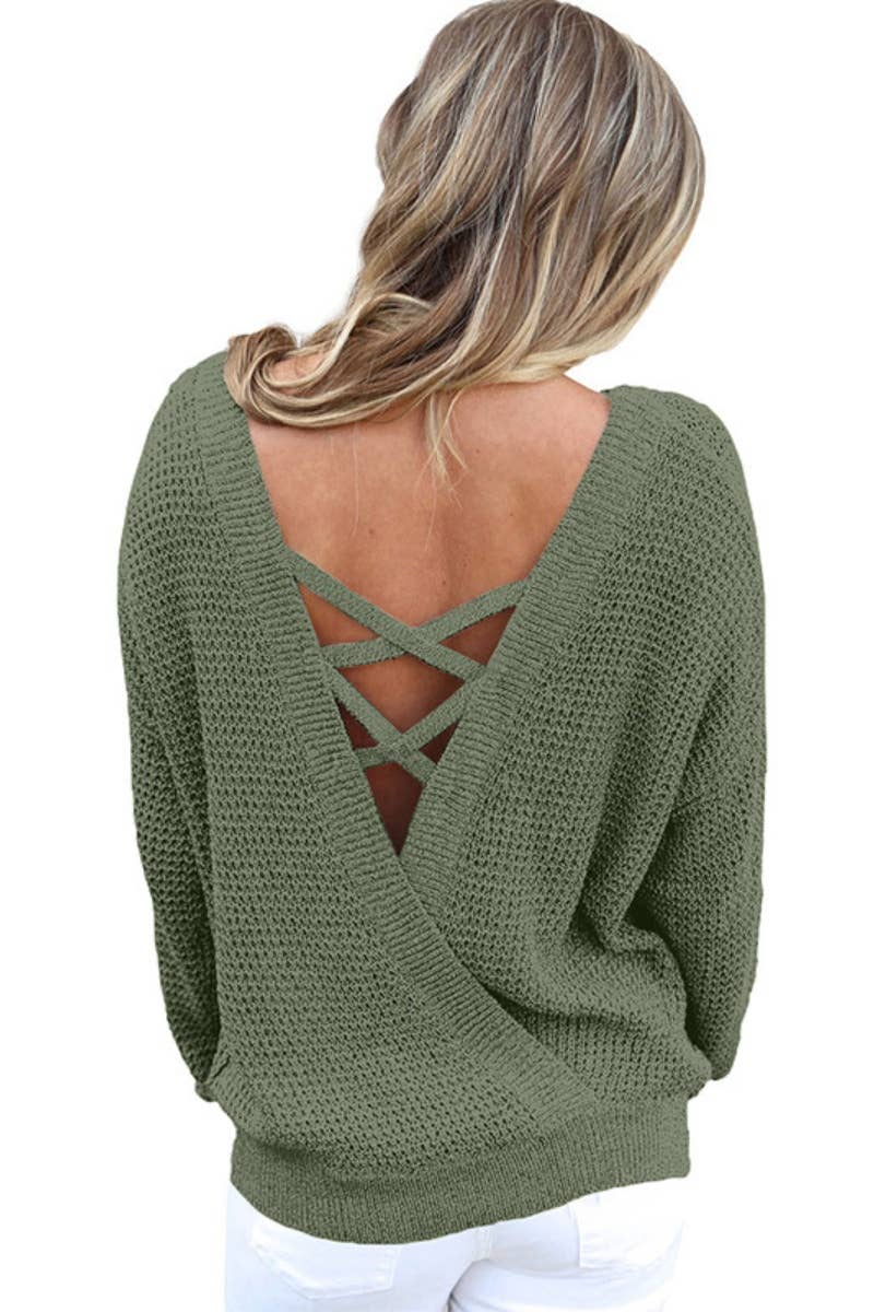 CWOSWL6676_CREW-NECK BACKLESS LONG-SLEEVED KNIT TOP
