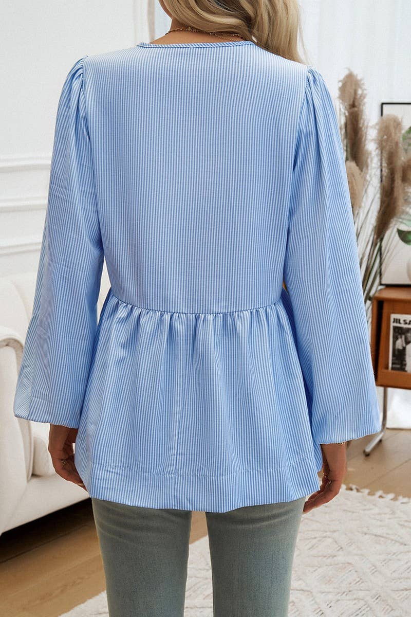 CWTSTL2742_CASUAL LOOSE STRIPED LANTERN SLEEVE TIE SHIRT