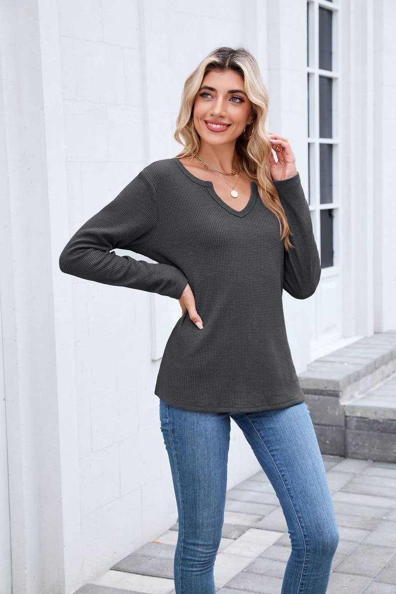 CWTBLL01294_V-NECK WAFFLE LONG-SLEEVED LOOSE T-SHIRT TOP