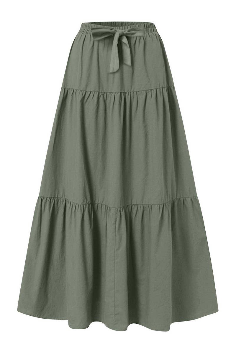 CWBLS0559_BOW WAIST TIERED SOLID MIDI SKIRT