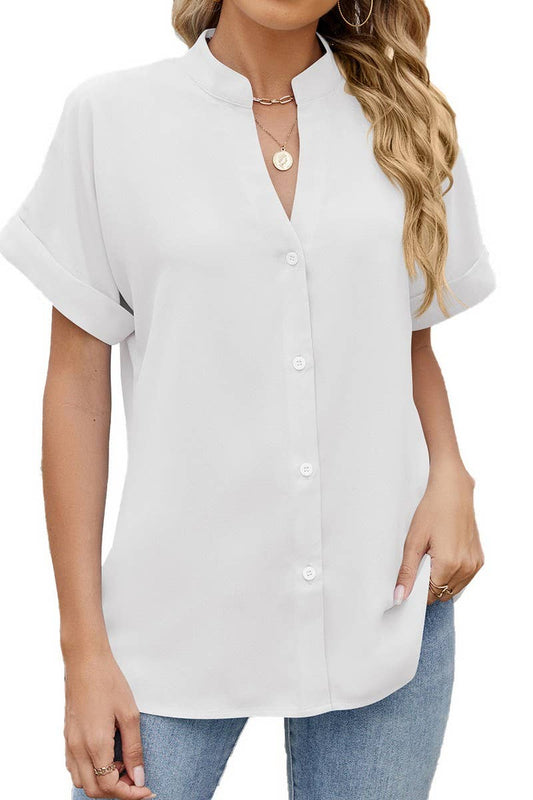 CWTBLS1797_SUMMER SOLID COLOR V-NECK LOOSE BUTTON SHIRT