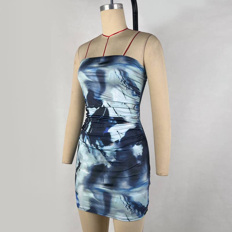 Backless Tie-Dye Ruched Bodycon Tube Dress