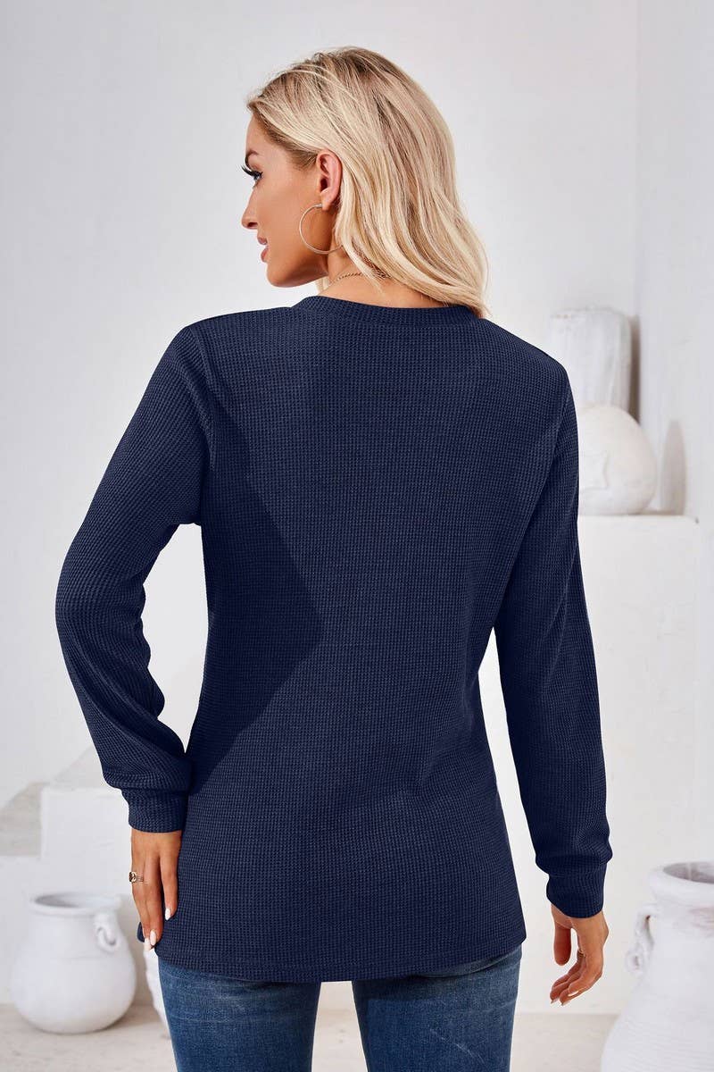 CWTBLL01312_V NECK BUTTON SOLID LONG SLEEVE LOOSE TEE