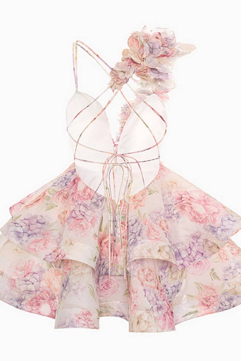 CWDSD8559_SLIM FIT V-NECK HALTER BACKLESS FLORAL SKIRT DRESS