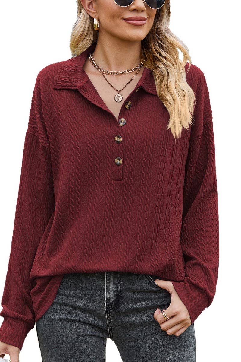 CWTBLL2415_SOLID COLOR LAPEL BUTTON LOOSE LONG SLEEVE TOP