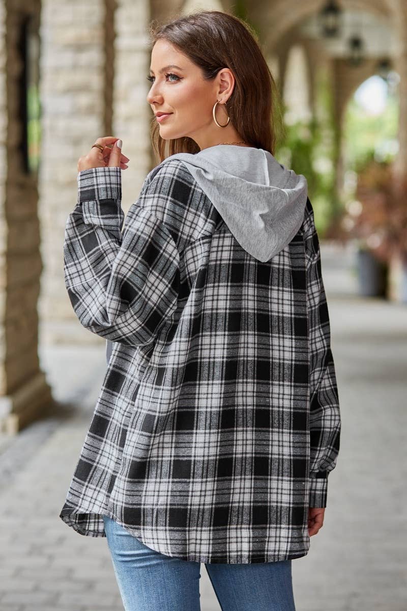 CWTSTL1718_FALL CASUAL LONG-SLEEVED HOODED PLAID SHIRT TOP
