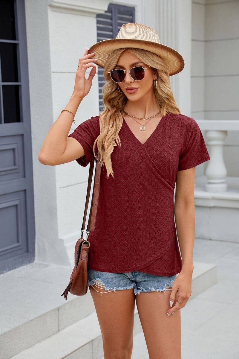 CWTTS0847_V-Neck Short Sleeve Knit Top