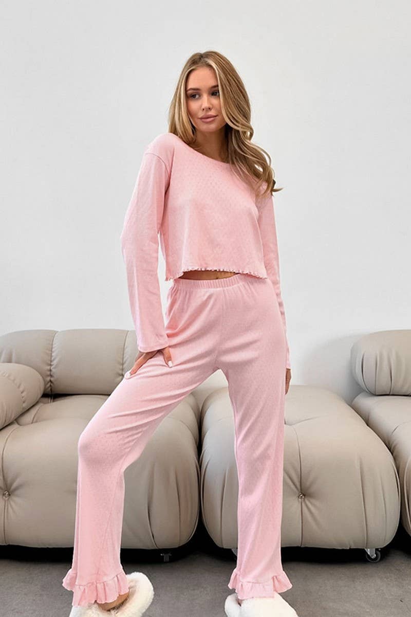CWSPJ0292_RUFFLE STITCH LONG SLEEVE LONG PANTS PAJAMA SET