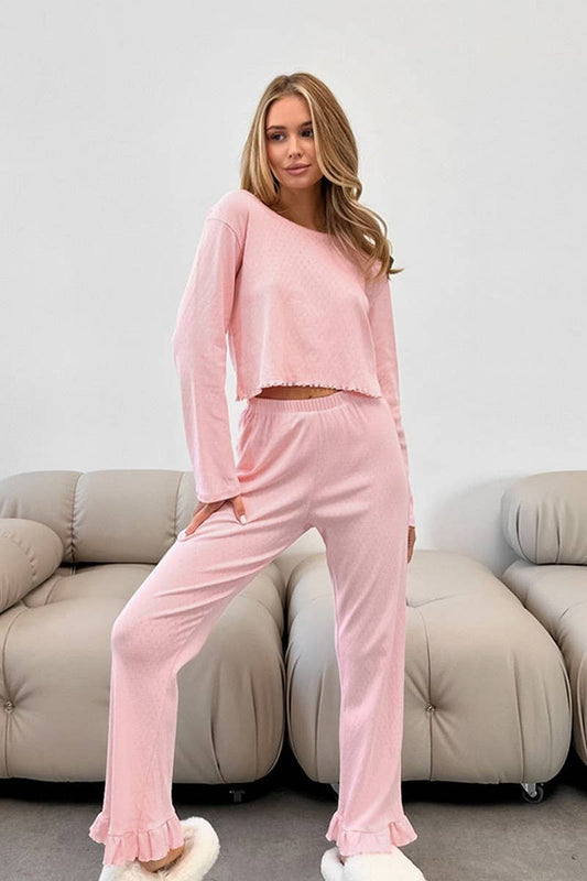 CWSPJ0292_RUFFLE STITCH LONG SLEEVE LONG PANTS PAJAMA SET