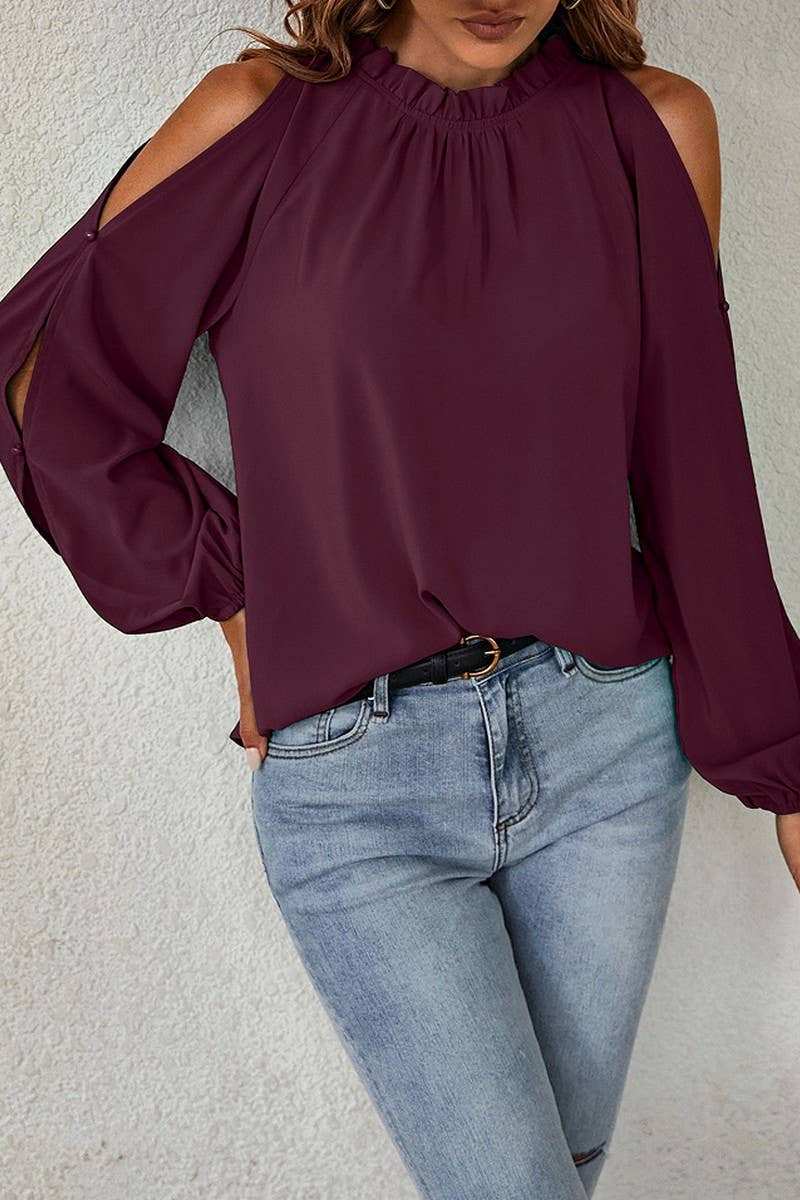 CWTBLL4083_SOLID RUFFLE MOCK NECK RUCHED COLD SHOULDER TOP