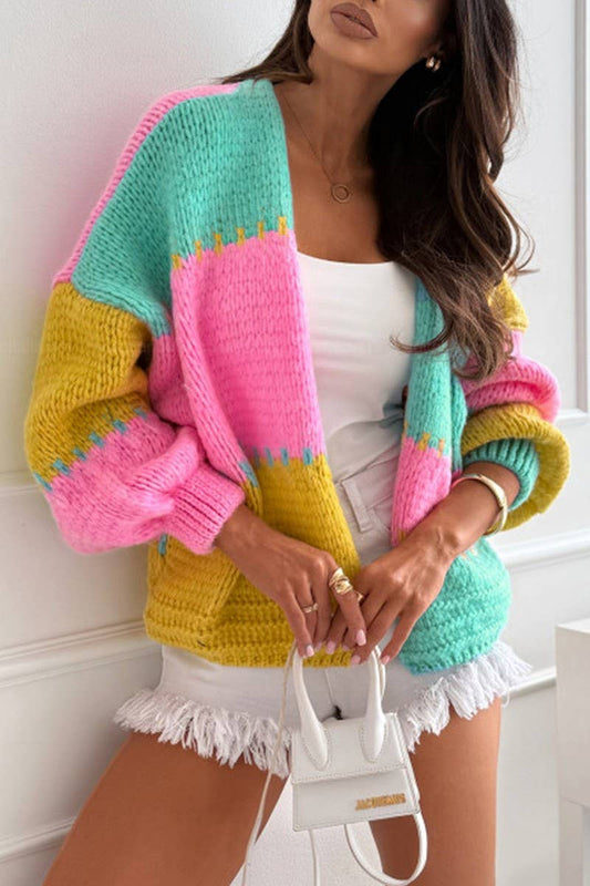 CWOCAL00726_COLORBLOCK LOOSE KNIT CARDIGAN SWEATER