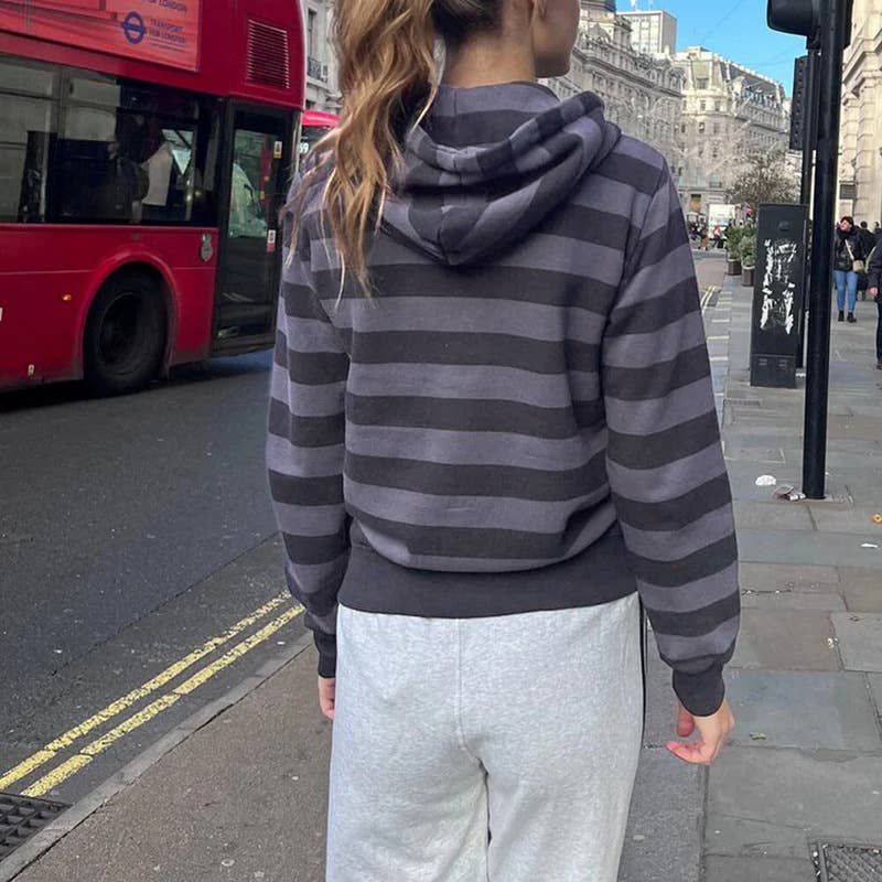 BASIC ZIPPER STRIPED COLOR CONTRAST CASUAL HOODIE