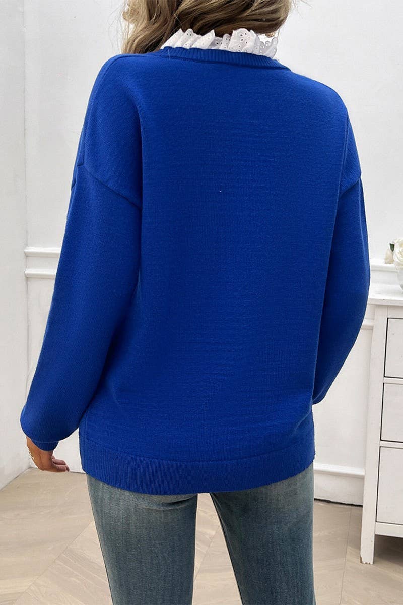 CWOSWL6818_TEMPERAMENT LOOSE LACE V-NECK SWEATER